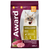 AWARD 400 г Hairball  Indoor для вз кош вывод шерсти с уткой и инд с доб зеленой чечевицы и Юкки Шидигера 