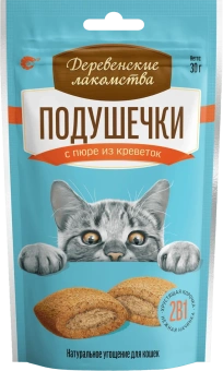 ДЕРЕВЕНСКИЕ ЛАКОМСТВА Д/КОШЕК ПОДУШЕЧКИ С ПЮРЕ ИЗ КРЕВЕТОК 30г 79207781