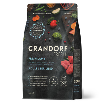 Grandorf fresh cat стерилайз свежее мясо ягненка  с бататом для кошек 400 г