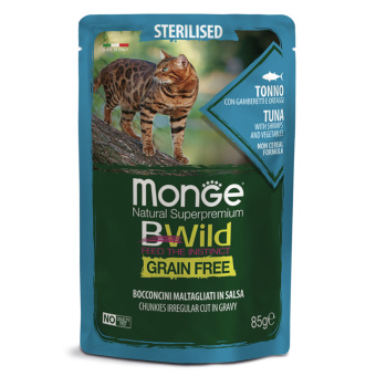 Monge Cat BWild GRAIN FREE паучи из тунца с креветками и овощами для стерилизованных кошек 85г (30498)