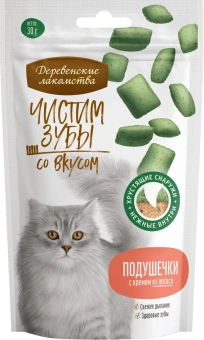 Дерев Лак ЧИСТИМ ЗУБЫ Д/КОШЕК ПОДУШЕЧКИ С КРЕМОМ ИЗ ЛОСОСЯ 30г 79212723