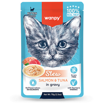 Wanpy Cat Дополнительный консервированный корм пауч для котят нежное рагу из лосося и тунца 70 г (36003)