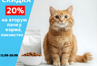 Скидка 20% на вторую пачку корма, лакомство