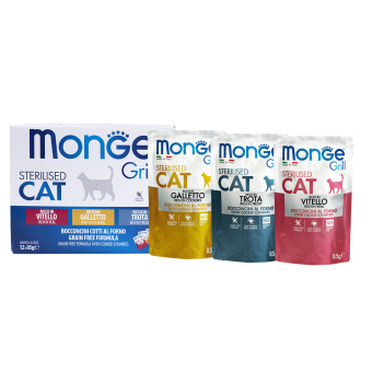 Влажный корм Monge Cat Grill для стерилизованных кошек с телятиной, с курицей, с форелью, бокс с паучами 12 шт х 85 г (35118)